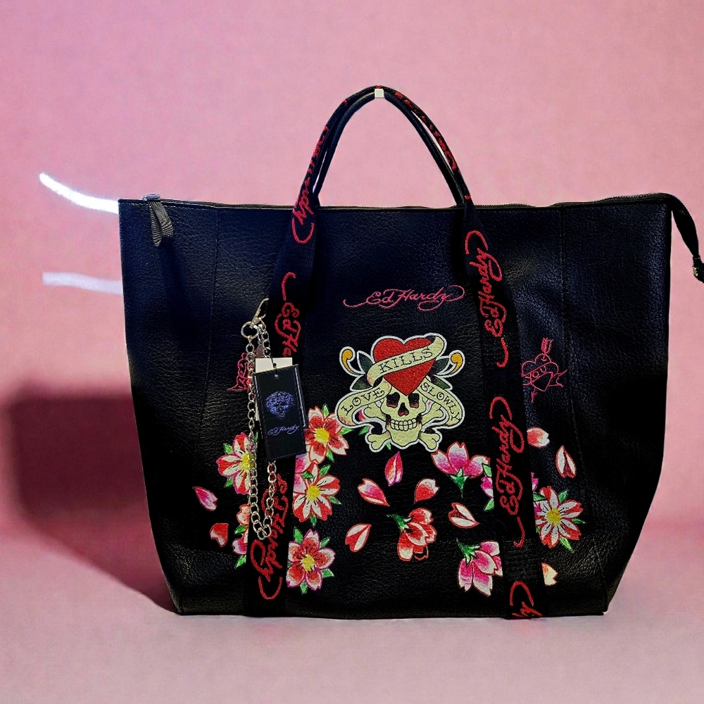 NEW Ed Hardy Black Floral Love Kills Slowly Skull Tattoo Tote With Bag Charm